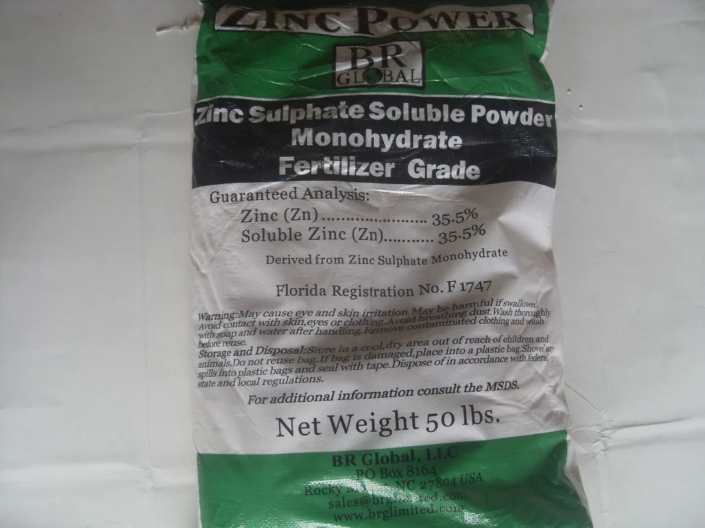 Zinc Sulfate Fertilizer Grade 35.5% Monohydrate - 50 Lb